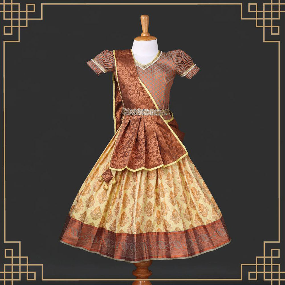 Varnatari's Copper-Grey And Pastel Yellow Lehenga Set