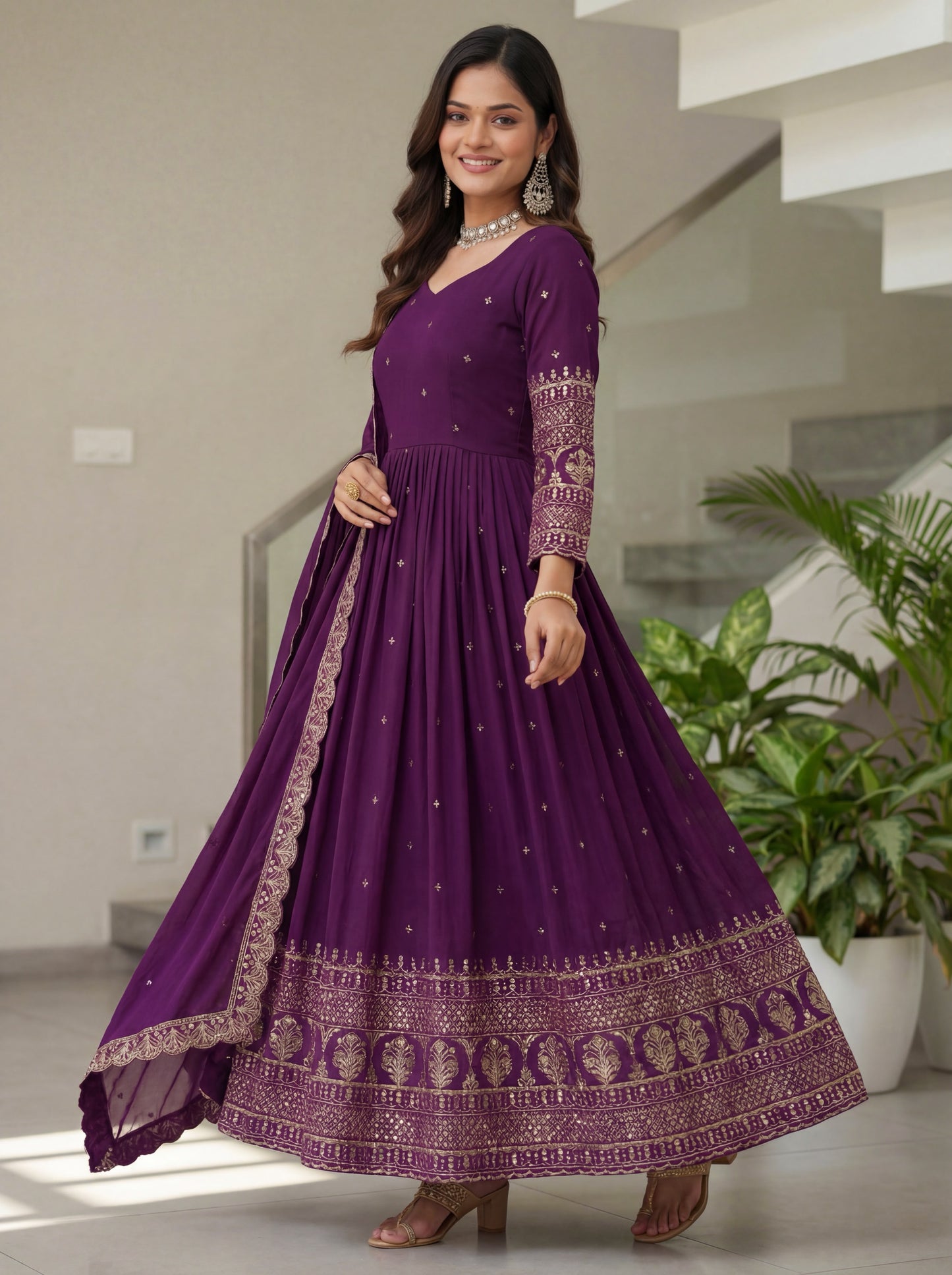 Vastra Creation's Designer Embroidered Vichitra Silk Gown Set
