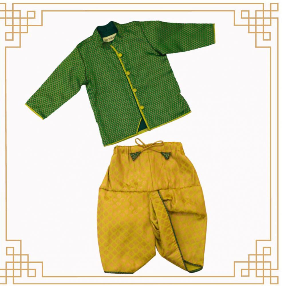Varnatari's Lime with copper print dhoti and Emerald green and copper jacquard print top