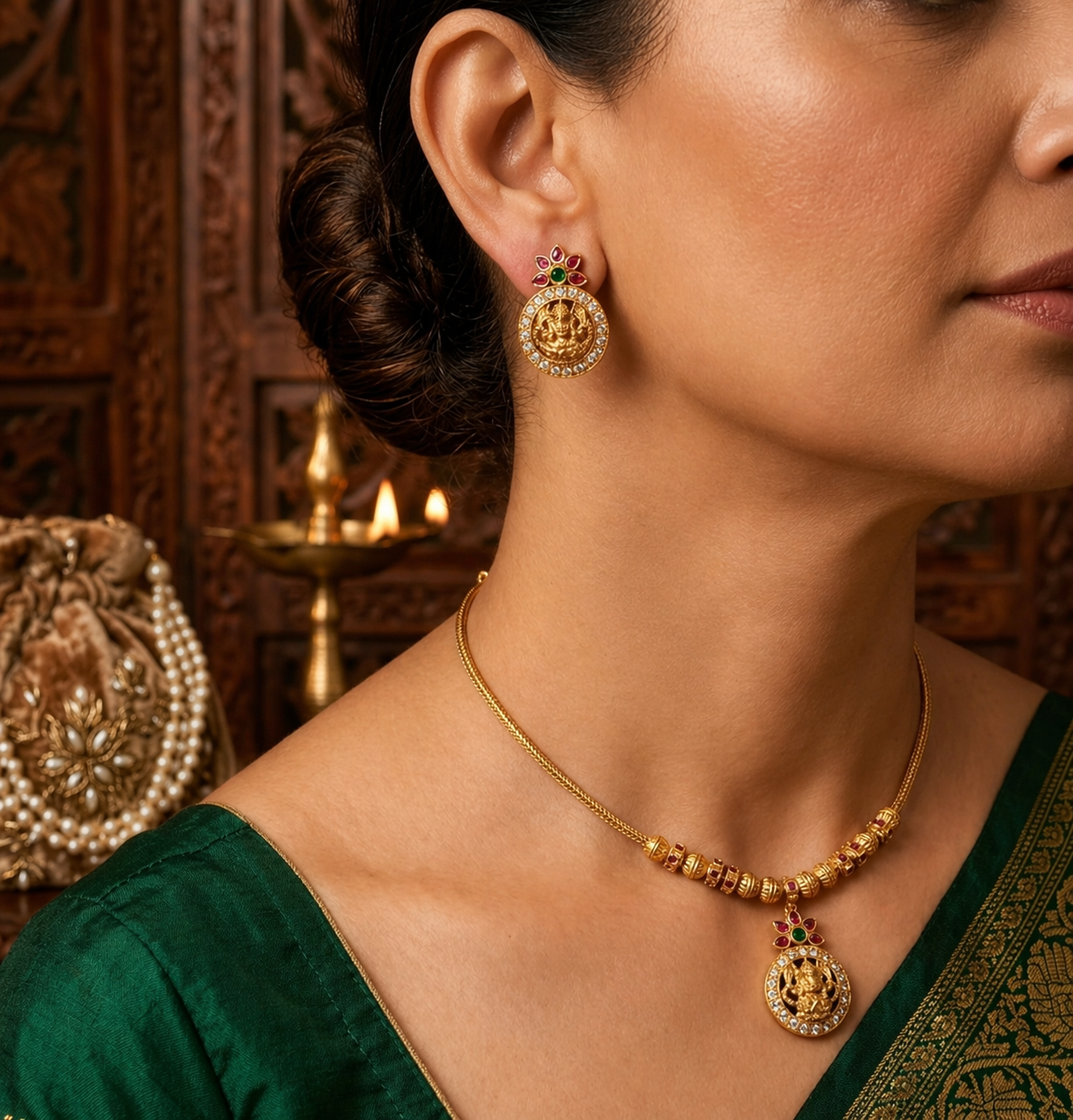 Matte Finish Necklace with Earrings- Lakshmi & Lotus Design