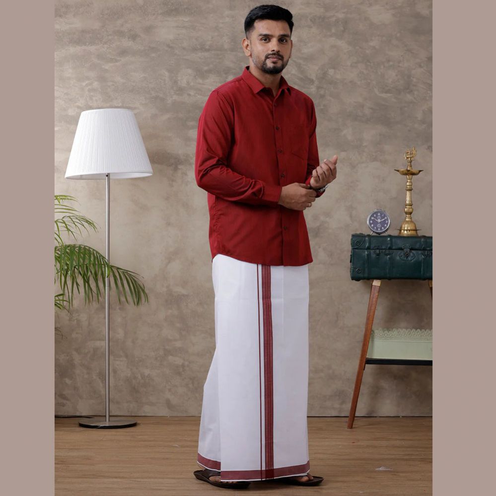 Ramraj's Men's Dark Red Matching Border Dhoti & Full Sleeves Shirt Set Evolution