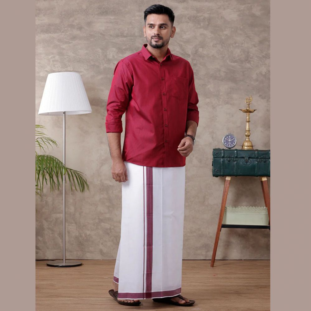 Ramraj's Men's Maroon Matching Border Dhoti & Full Sleeves Shirt Set Evolution