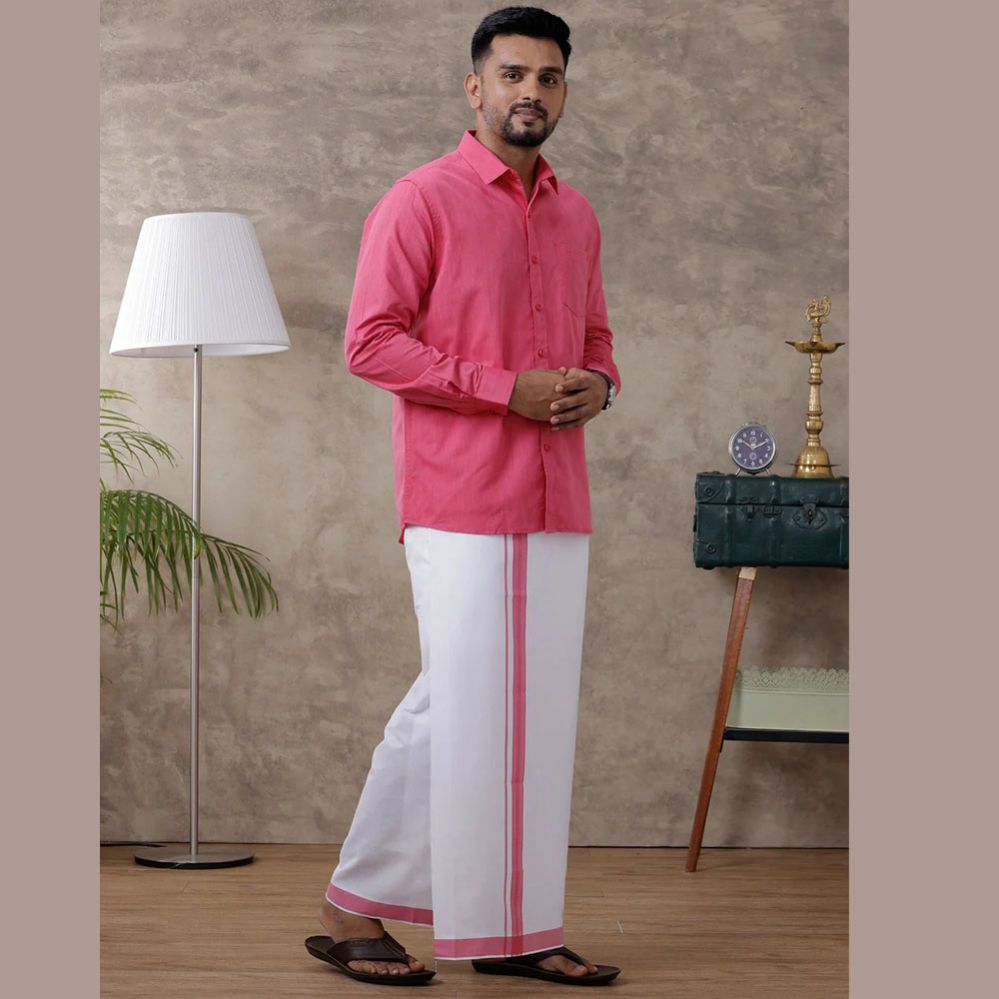Ramraj's Men's Pink Matching Border Dhoti & Full Sleeves Shirt Set Evolution