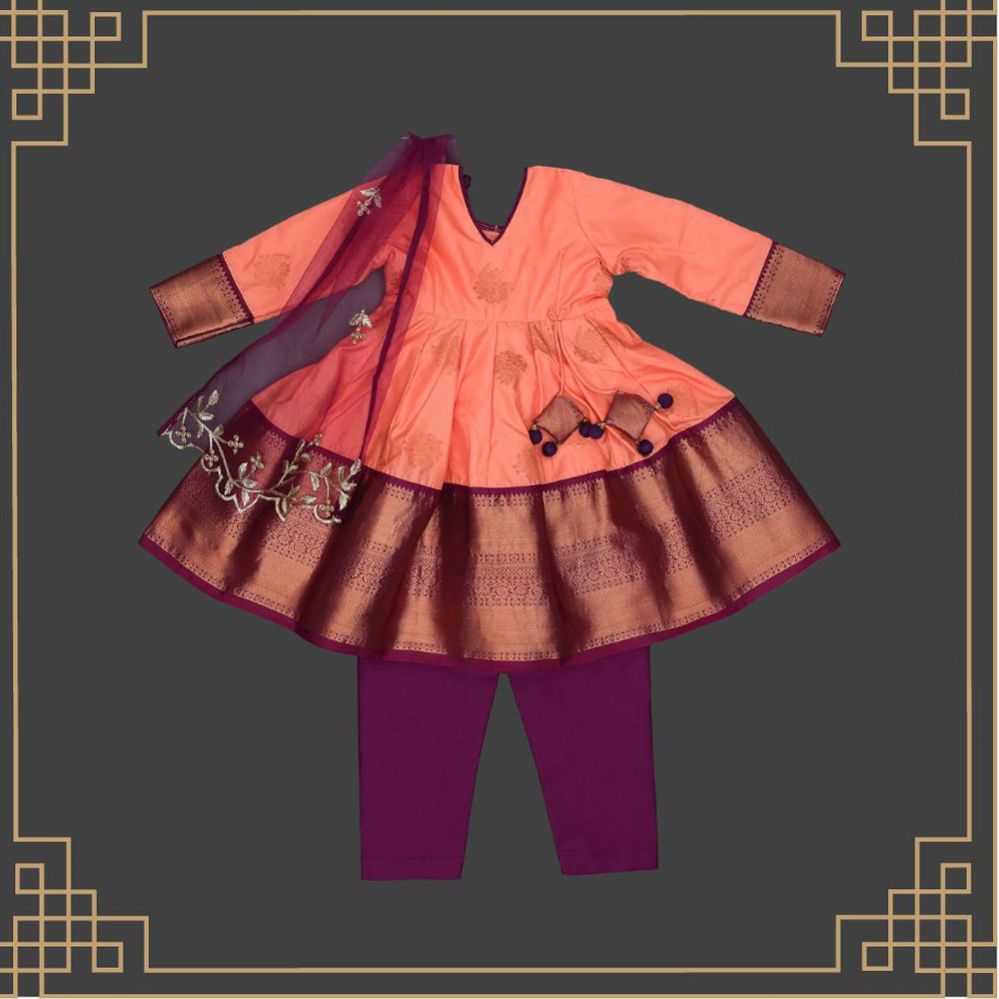 Varnatari's Neon Peach And Wine Purple Ethnic Salwar Set