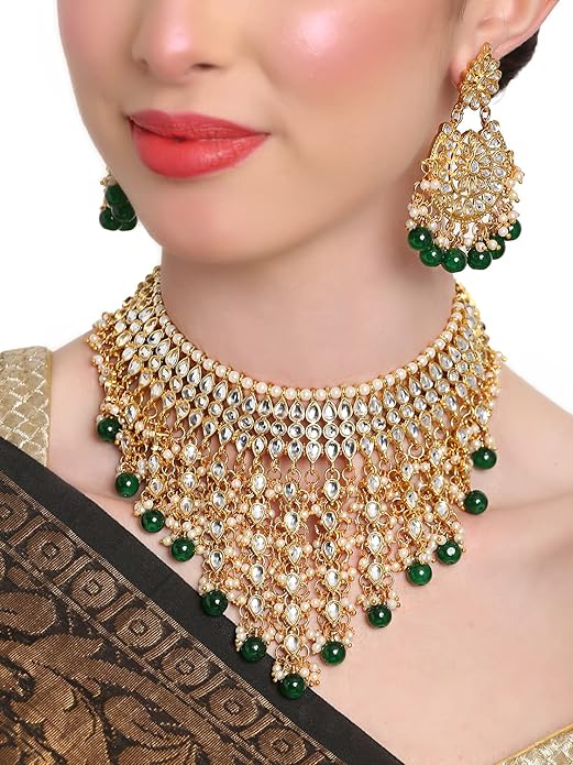 Shining Diva Fashion Latest Stylish Choker Traditional Pearl Kundan Necklace Jewellery Set for Women (Green)
