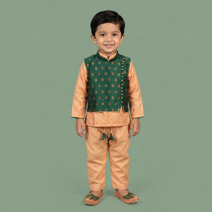Varnatari's Sandal pant and top with dark forest green and copper butti vest