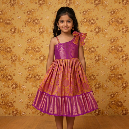 Varnatari's Mustard Yellow And Purple Ethnic Frock