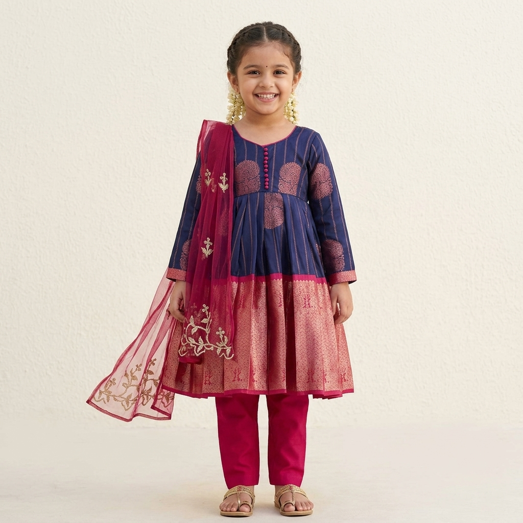 Varnatari's Navy Blue And Rani Pink Ethnic Salwar Set