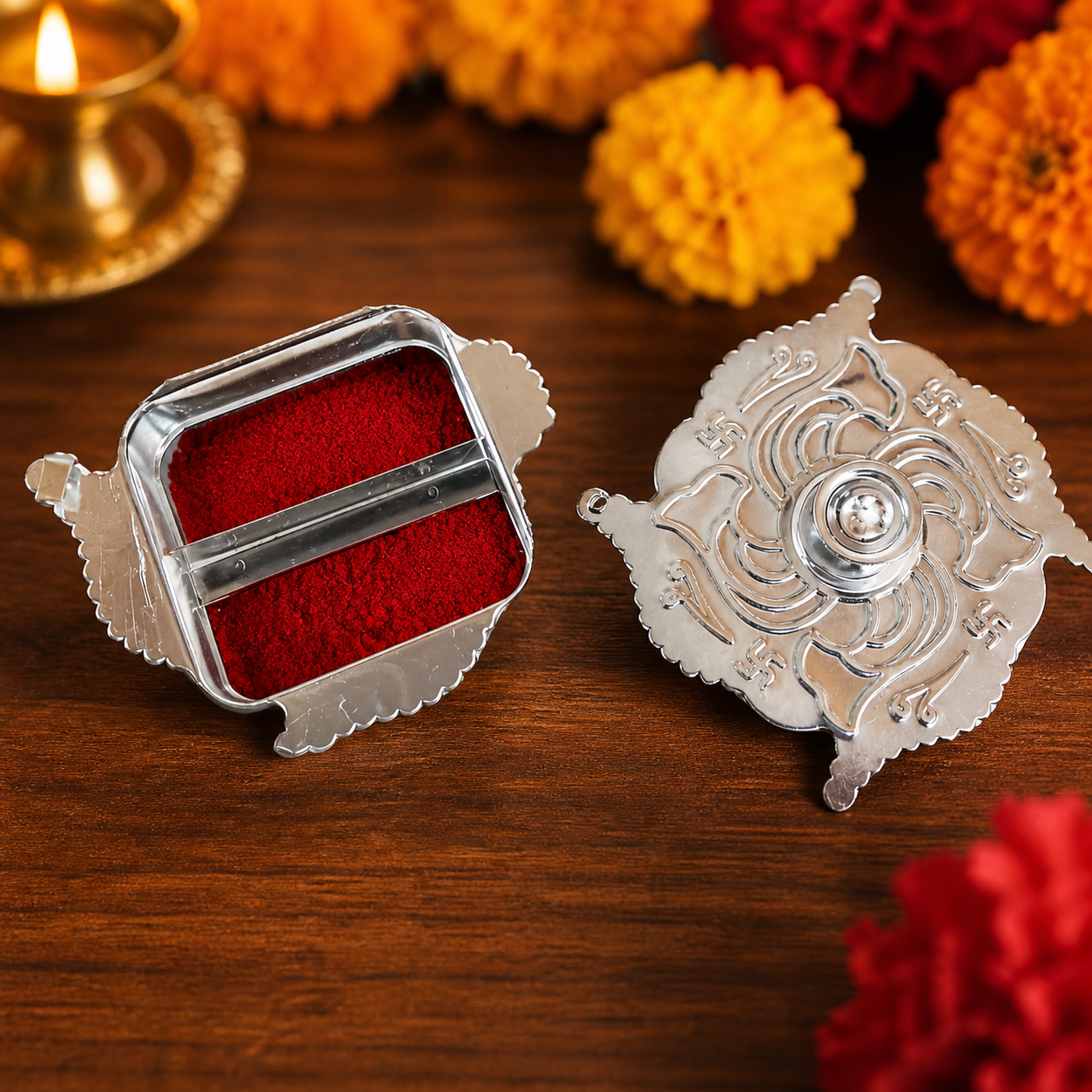 German Silver Kumkum-Lid Flower