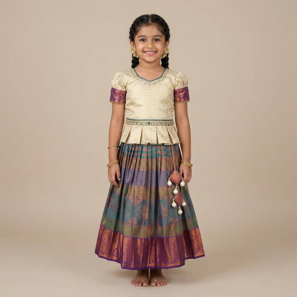 Varnatari's Krishna Blue & White  Pavadai Set