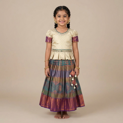 Varnatari's Krishna Blue & White  Pavadai Set