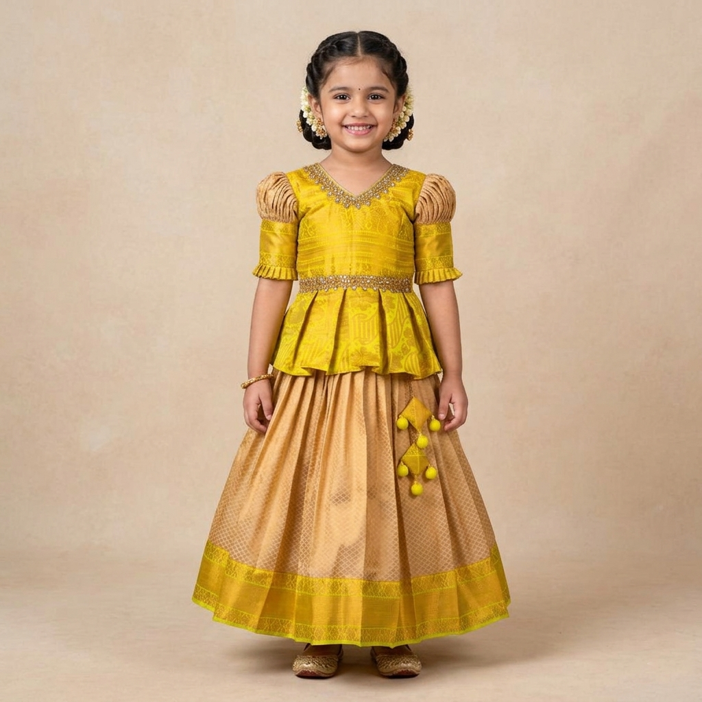 Varnatari's Beige And Zinnia Yellow Pattu Pavadai Set