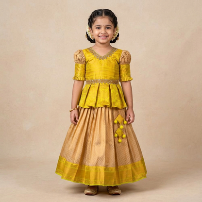 Varnatari's Beige And Zinnia Yellow Pattu Pavadai Set