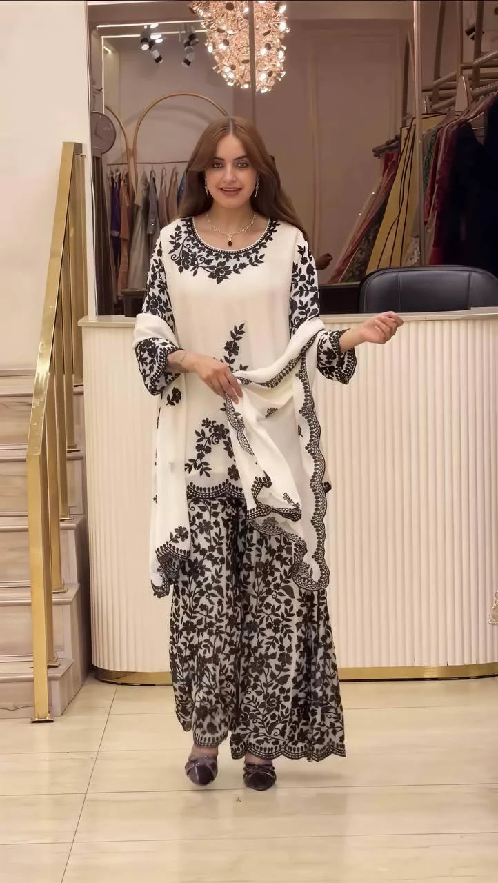 Shree Hari fashion's Embroidered Faux Georgette Top, Sharara & Dupatta Set