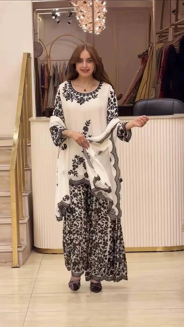 Shree Hari fashion's Embroidered Faux Georgette Top, Sharara & Dupatta Set
