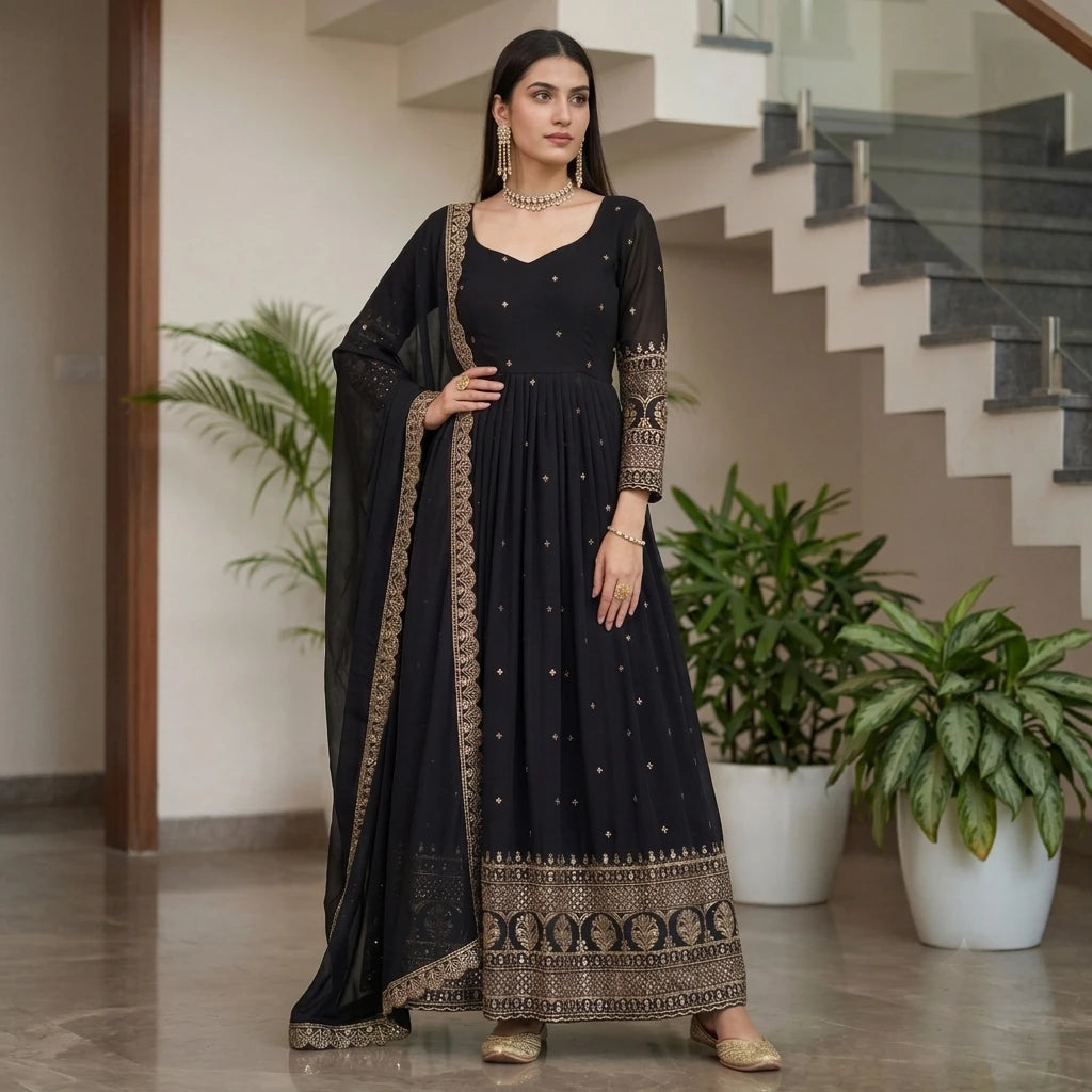 Vastra Creation's Designer Embroidered Vichitra Silk Gown Set