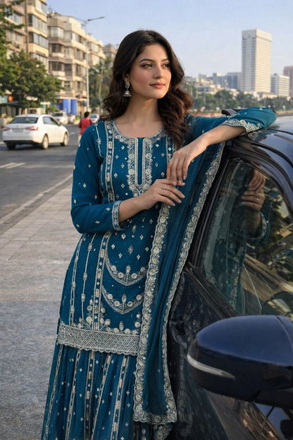 Vastra Creation's Designer Pakistani Style Top, Palazzo & Dupatta Set