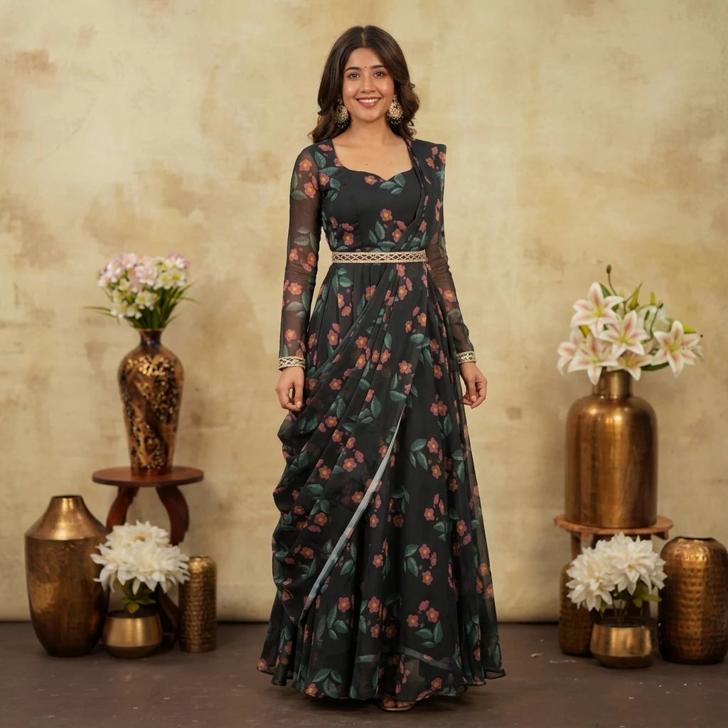 Vastra Creation's Premium Alfino Chiffon Saree Style Gown