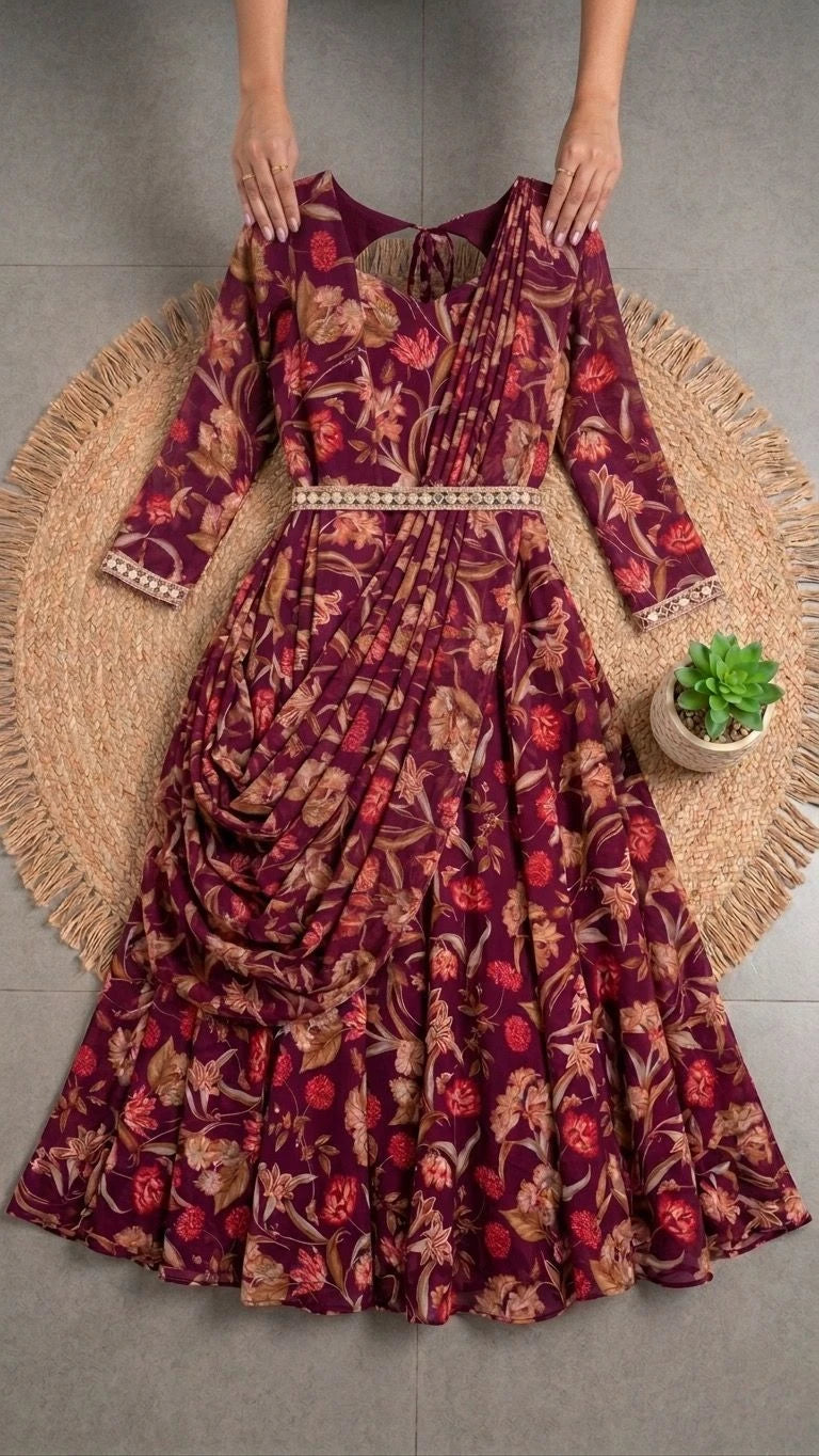 Vastra Creation's Premium Alfino Chiffon Saree Style Gown