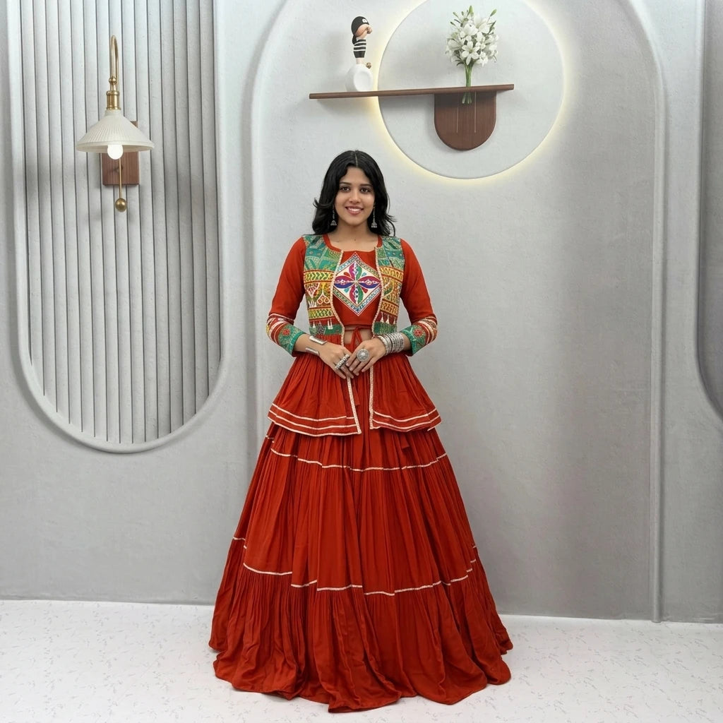 Shree Ram Creation Navratri Special Gamathi Work Lehenga Choli with Koti
