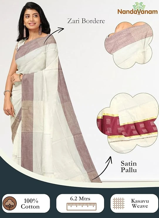 Kerala Kasavu Cotton Saree with Rich Pallu