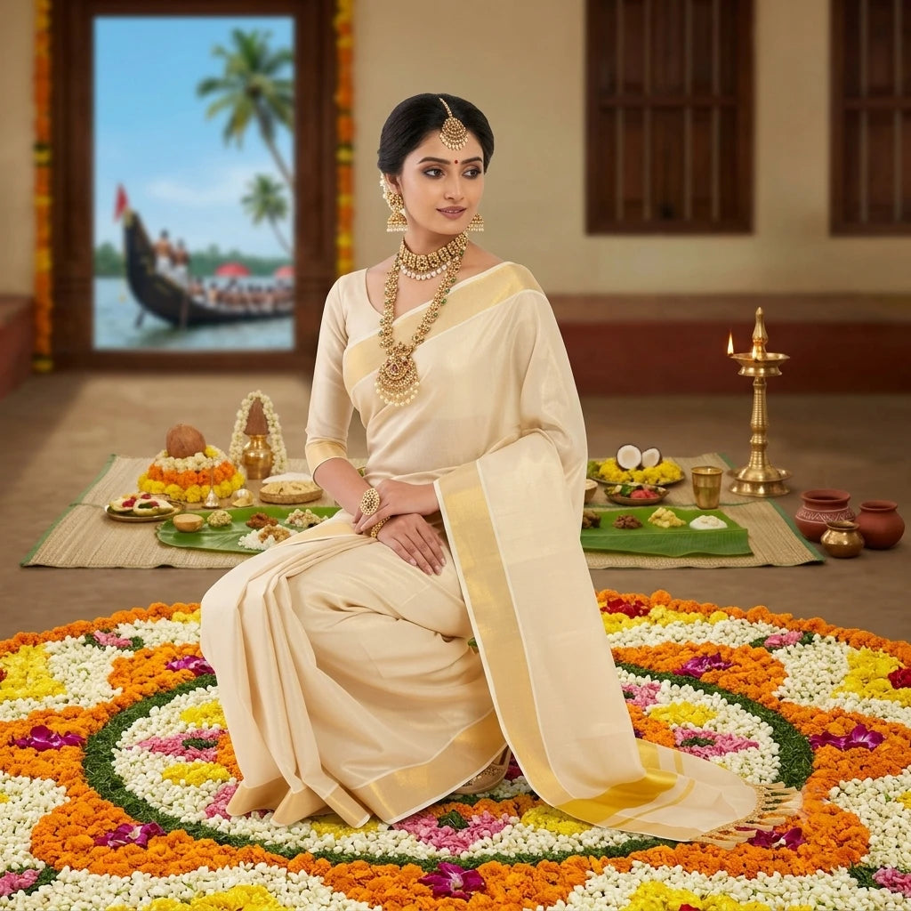 Kerala Kasavu Cotton Tissue Saree with Blouse Piece
