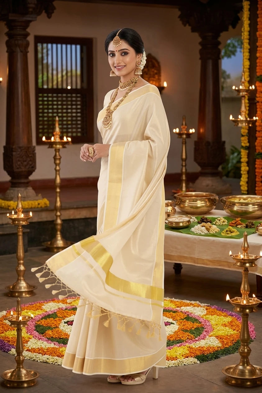 Kerala Kasavu Cotton Tissue Saree with Blouse Piece