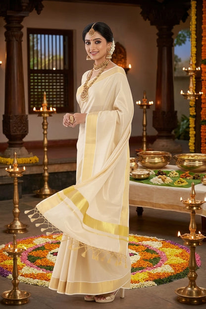 Kerala Kasavu Cotton Tissue Saree with Blouse Piece
