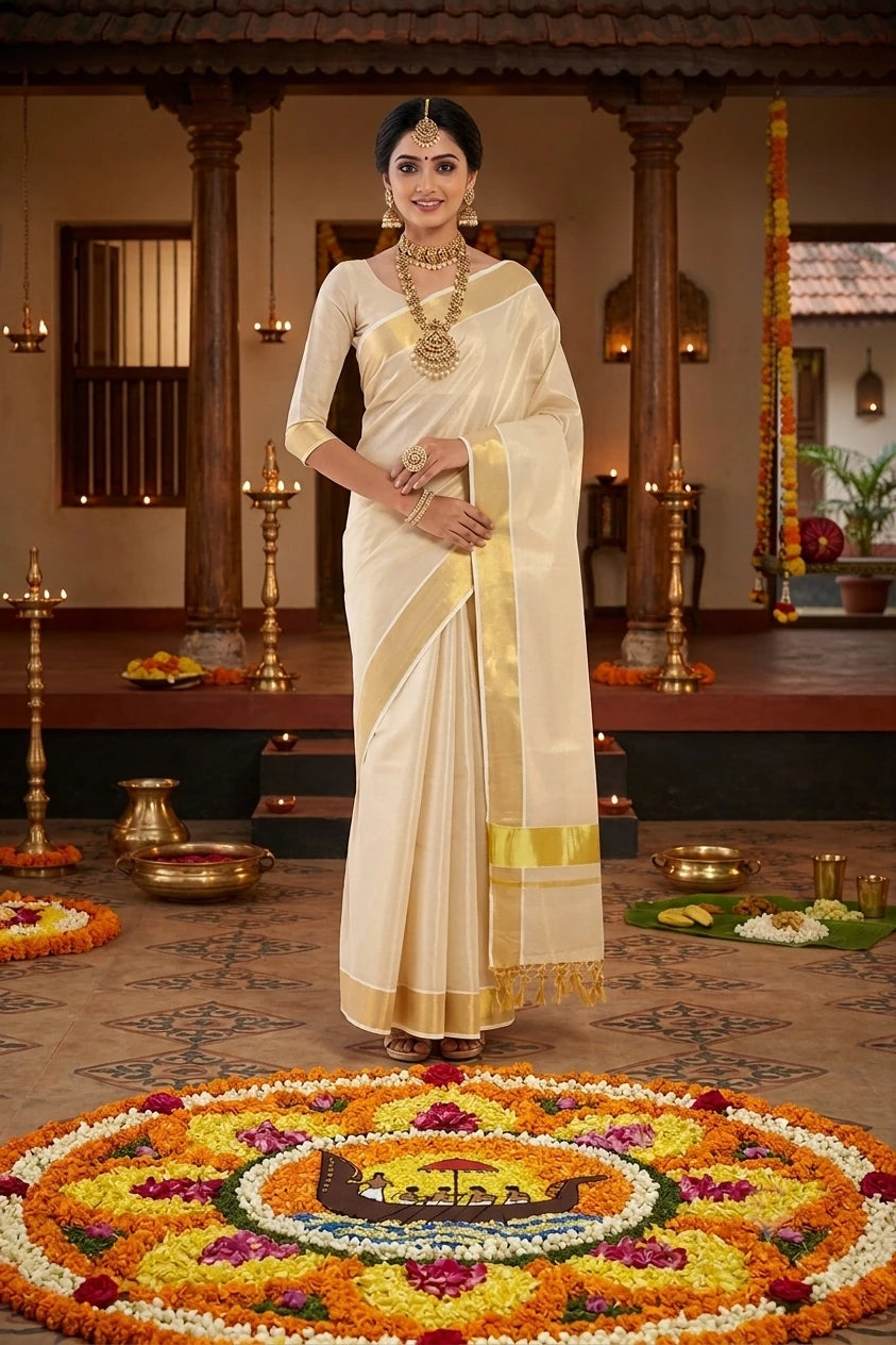 Kerala Kasavu Cotton Tissue Saree with Blouse Piece