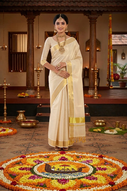 Kerala Kasavu Cotton Tissue Saree with Blouse Piece