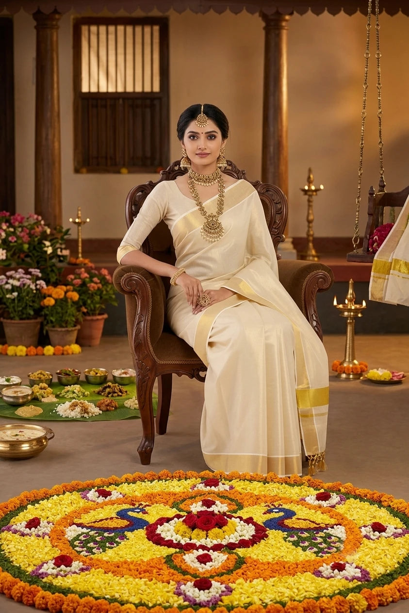 Kerala Kasavu Cotton Tissue Saree with Blouse Piece