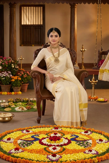 Kerala Kasavu Cotton Tissue Saree with Blouse Piece
