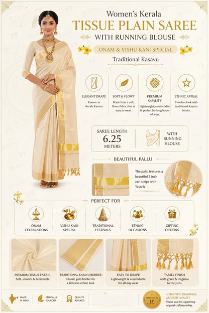 Kerala Kasavu Cotton Tissue Saree with Blouse Piece