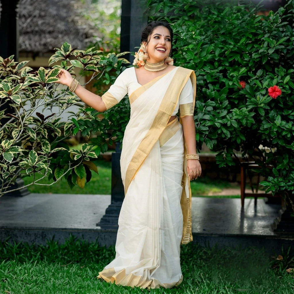 Kerala Kasavu Cotton Silk Blend Saree with Golden Border
