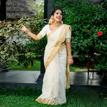 Kerala Kasavu Cotton Silk Blend Saree with Golden Border