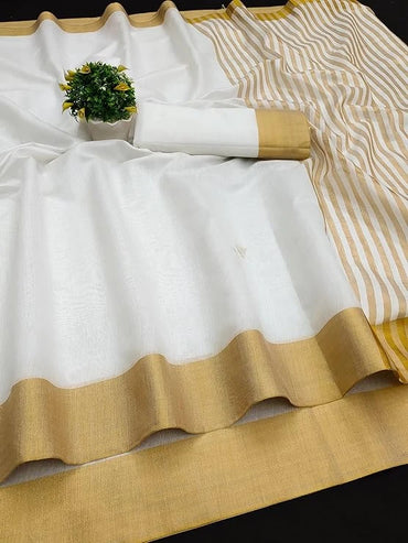 Kerala Kasavu Cotton Silk Blend Saree with Golden Border