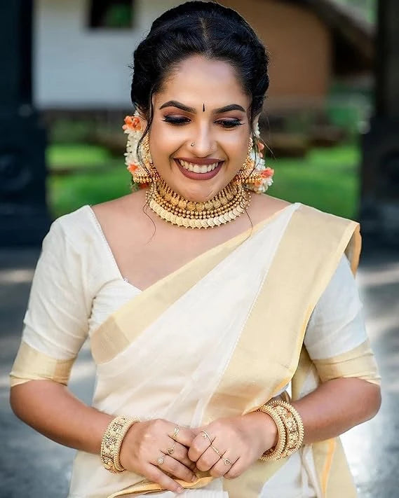 Kerala Kasavu Cotton Silk Blend Saree with Golden Border