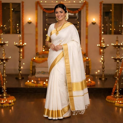 Traditional Kerala Kasavu Saree for Women – Pure White with 6-Inch Gold Zari Border