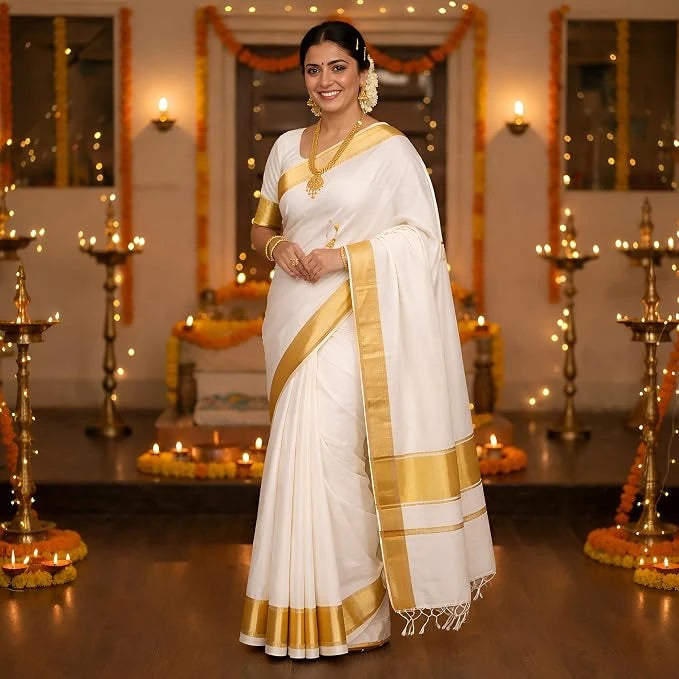 Traditional Kerala Kasavu Saree for Women – Pure White with 6-Inch Gold Zari Border