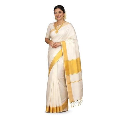 Traditional Kerala Kasavu Saree for Women – Pure White with 6-Inch Gold Zari Border