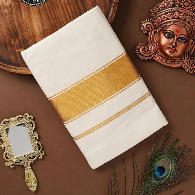 Traditional Kerala Kasavu Saree for Women – Pure White with 6-Inch Gold Zari Border