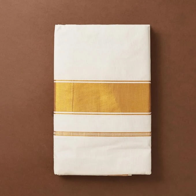 Traditional Kerala Kasavu Saree for Women – Pure White with 6-Inch Gold Zari Border