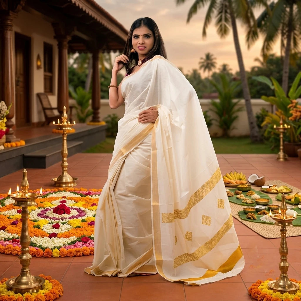 Women's Kerala Kasavu Cotton Saree with Running Blouse Piece