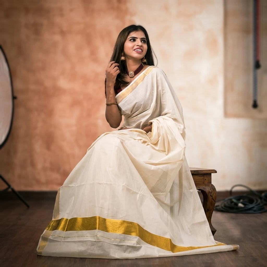 Women's Kerala Kasavu Cotton Saree with Running Blouse Piece