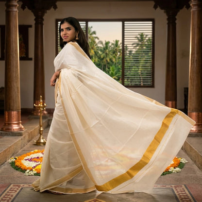 Women's Kerala Kasavu Cotton Saree with Running Blouse Piece