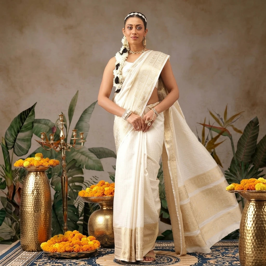 Onam Special Soft Silk Kasavu Saree with Zari Work