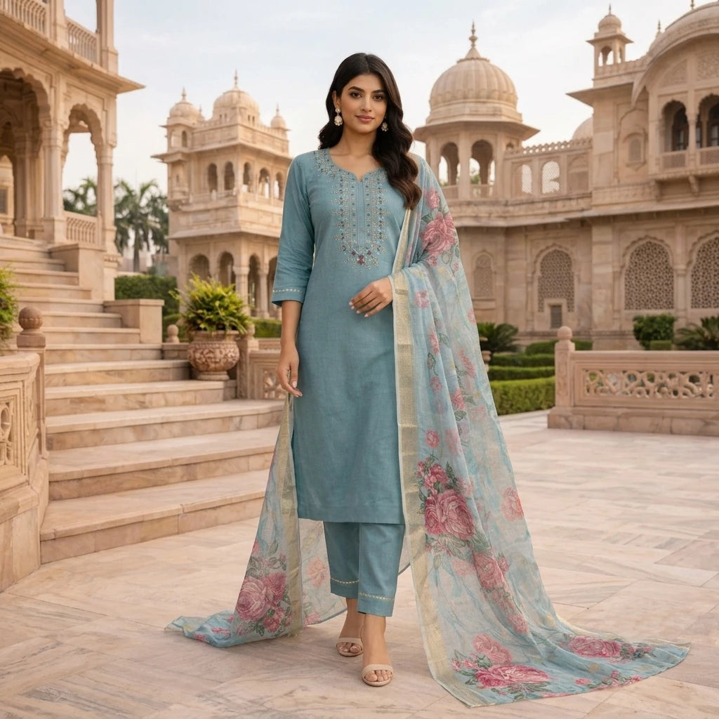 Vastra Creation's Heavy Embroidered Viscose Roman Silk Suit Set