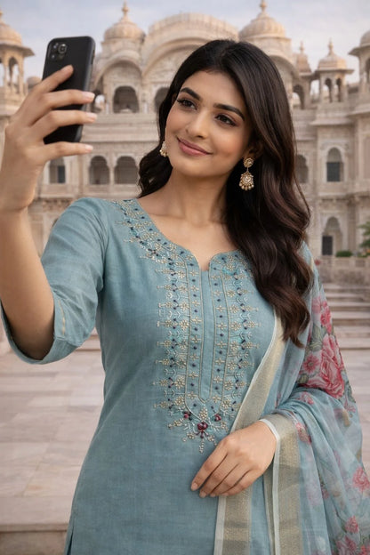 Vastra Creation's Heavy Embroidered Viscose Roman Silk Suit Set