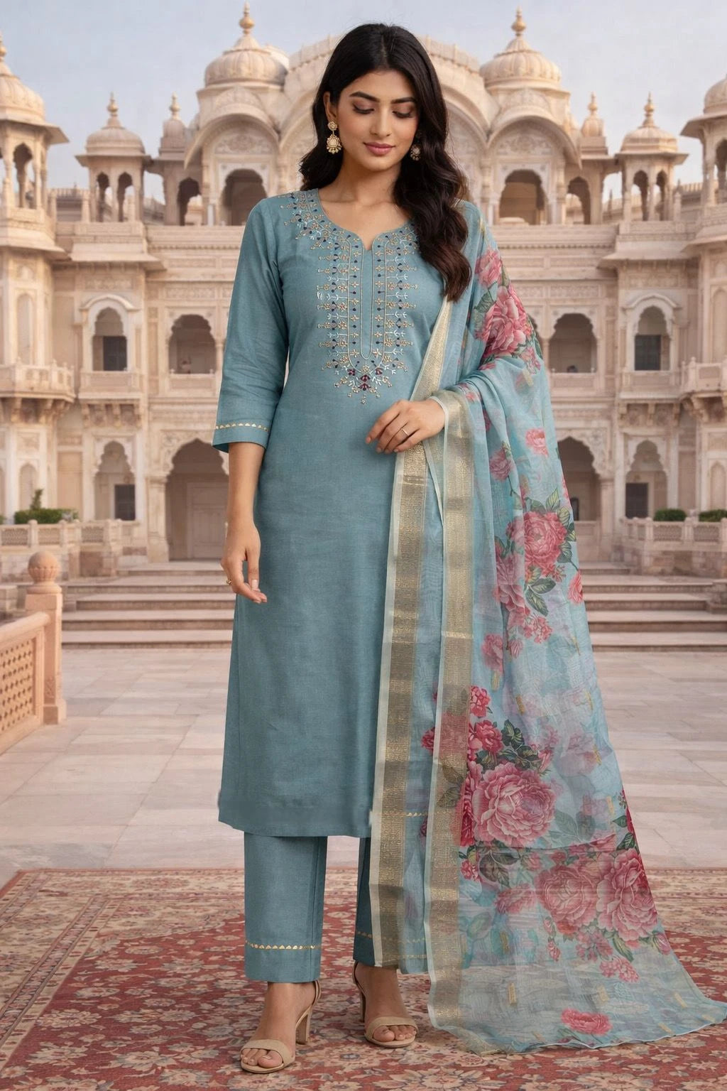 Vastra Creation's Heavy Embroidered Viscose Roman Silk Suit Set