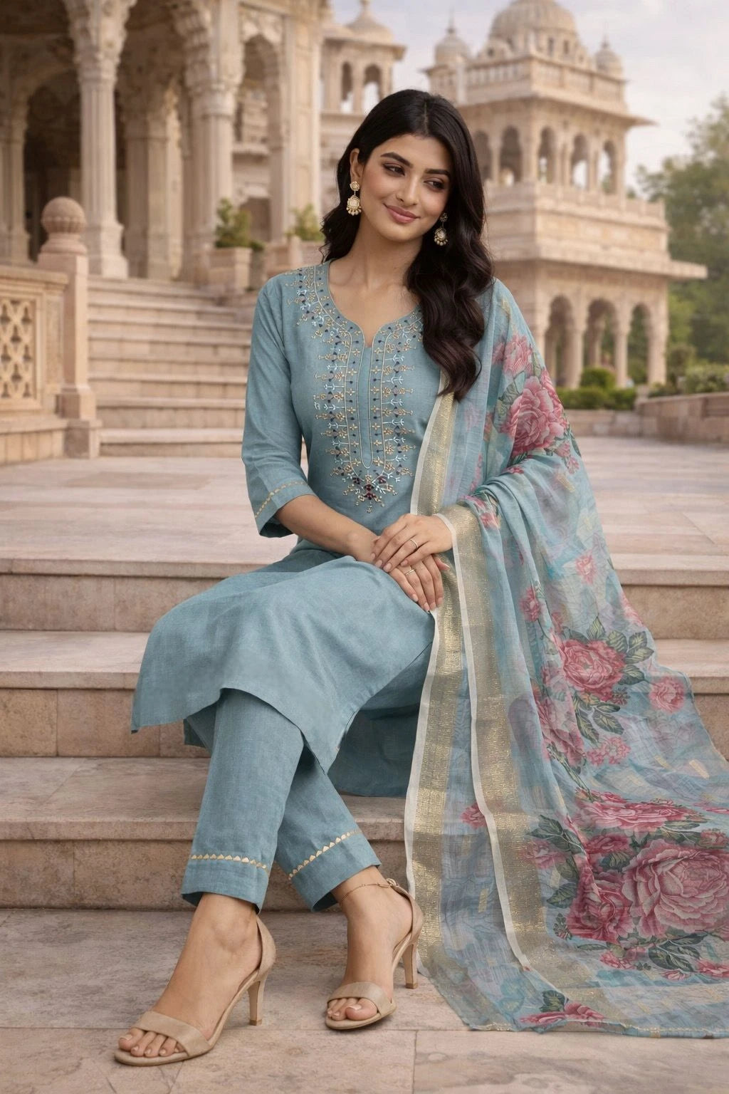 Vastra Creation's Heavy Embroidered Viscose Roman Silk Suit Set